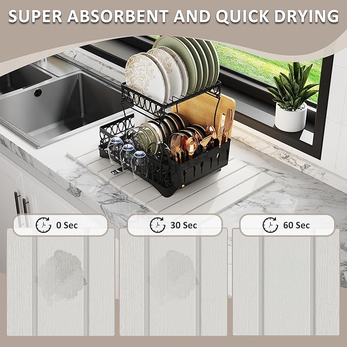 Stone Drying Mat for Kitchen Counter, Collapsible Dish Drying Mat, Large Quick Drying Absorbent Diatomaceous Earth Mats for Kitchen Dish Racks Bottles Cups 24"(L)×16"(W), Fit Most Countertop