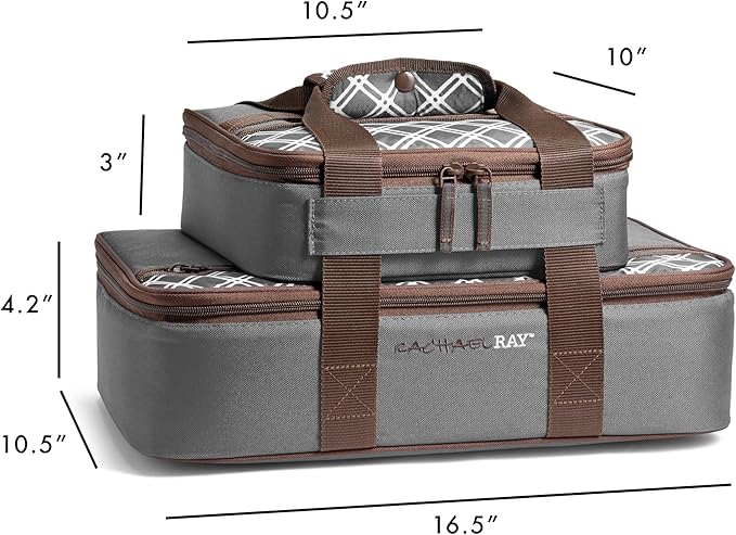 Rachael Ray Lugger Duo, Insulated Casserole Carrier for Hot or Cold Food, Thermal Lasanga Lugger Tote for Pockluck, Parties, Picnic, and Cookouts, Fits 9" x 13" Baking Dish, Sea Salt Grey