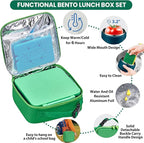 Bento Lunch Box with 8oz Soup Thermo,Kids Leakproof 4 Compartment Lunch Food Containers with Sauce Cup and Ice Pack,Kids Thermo Insulated Hot Food Jar and Lunch Bag for School,Trvael-Green