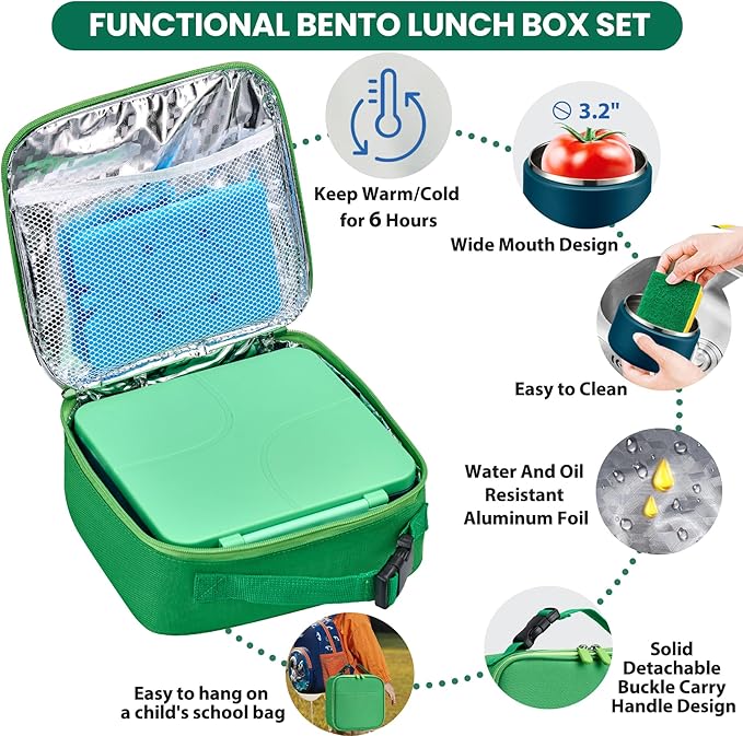 Bento Lunch Box with 8oz Soup Thermo,Kids Leakproof 4 Compartment Lunch Food Containers with Sauce Cup and Ice Pack,Kids Thermo Insulated Hot Food Jar and Lunch Bag for School,Trvael-Green