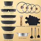 NEWBULIG Cookware Set, Nonstick & Non-Toxic Pots and Pans with Stay-Cool Handles, Induction Compatible, Black, 17 Pieces(6 Pot)