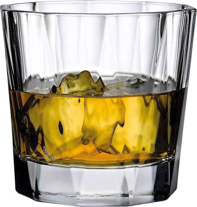 NUDE Whiskey Glasses Set of 4 – Hemingway 11.25 oz Lead-Free Crystal Old Fashioned Lowball Rocks Glasses for Whisky, Scotch, Bourbon & Tequila – Linear Pattern with Optical Effect, Dishwasher Safe