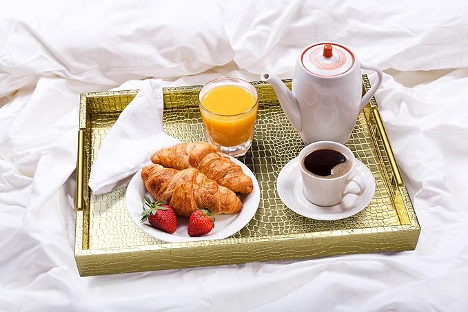 17" x 12" Wood Serving Tray with Gold Polished Metal Handles, Home Decorative Wooden Rectangle Ottoman Leather Decor Platter Bathroom Vanity Tray for All Occasions Alligator Gold