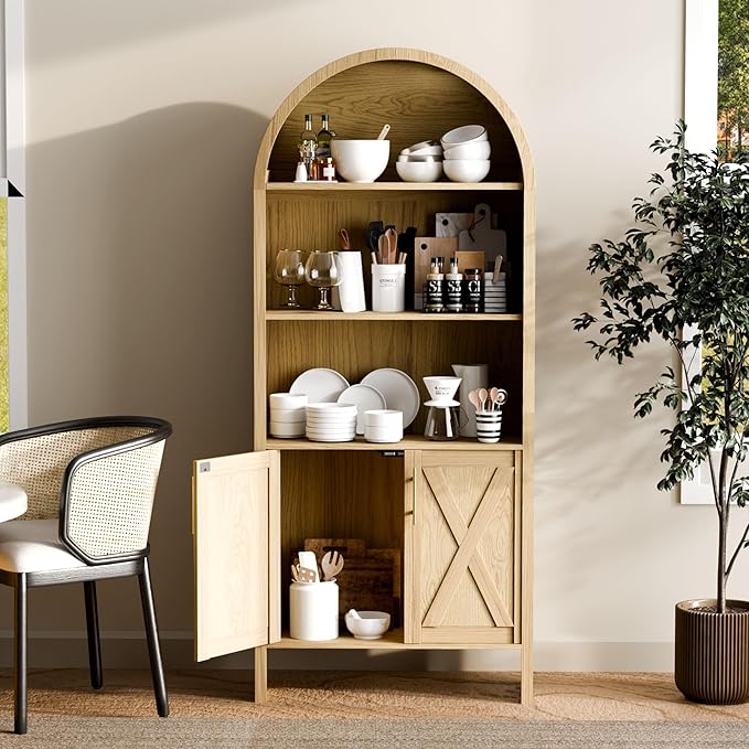 Arch Storage Cabinet with Beech-Wooden Door, 60” Cute Arched Display Cabinet, 4 Tier Farmhouse Buffet Cabinets with Storage for Dining Room, Living Room, Home Office or Kitchen (Oak)