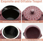 20.3oz Small Cast Iron Teapot, SECHUDO Tea Kettle for Stovetop Safe Coated with Enameled Interior, Pink Tea Pot with Stainless Steel Infuser for Loose Tea (Honeycomb Pattern)