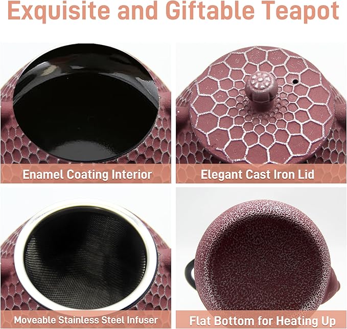 20.3oz Small Cast Iron Teapot, SECHUDO Tea Kettle for Stovetop Safe Coated with Enameled Interior, Pink Tea Pot with Stainless Steel Infuser for Loose Tea (Honeycomb Pattern)