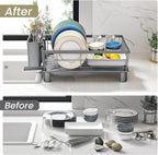 Dish Drying Rack - Small Dish Rack for Kitchen Counter, Stainless Steel Dish Drainer with Utensil Holder and Drainboard (Grey)