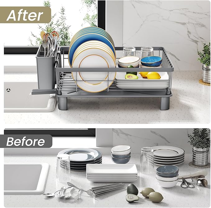 Dish Drying Rack - Small Dish Rack for Kitchen Counter, Stainless Steel Dish Drainer with Utensil Holder and Drainboard (Grey)