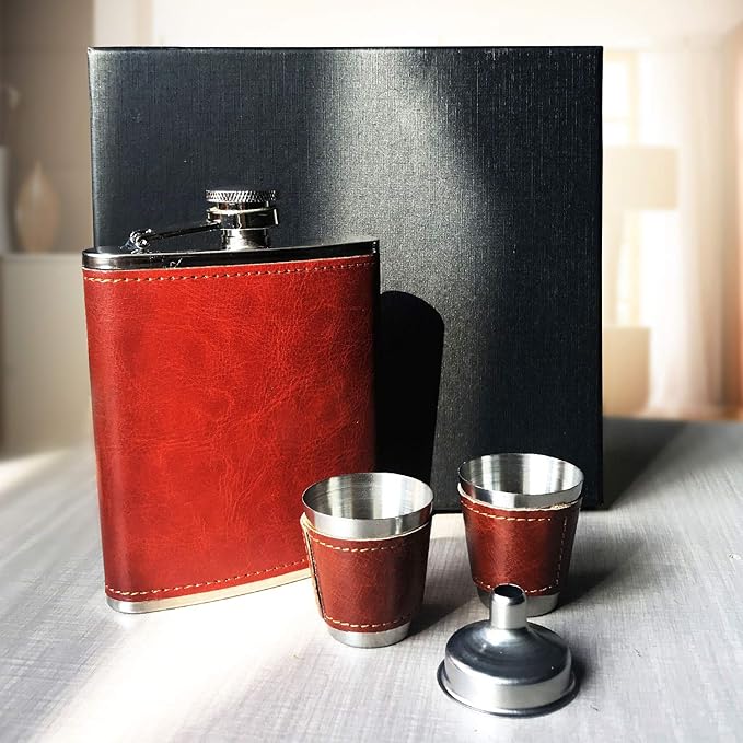 7 Oz Stainless Steel Hip Flask Gift Set Brown Leather with 2 Cups and Funnel 100% Leak Proof for Alcohol, Whiskey, Rum and Vodka Pocket Mini Drinking Flasks