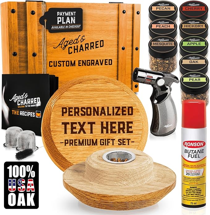 Custom Whiskey Cocktail Smoker Kit with Torch & Wood Chips - Premium Set, USA Oak Smoker - Old Fashioned Cocktail Kit for Whiskey Lovers - Bourbon Gifts for Men - Gift from Wife, Daughter, Son