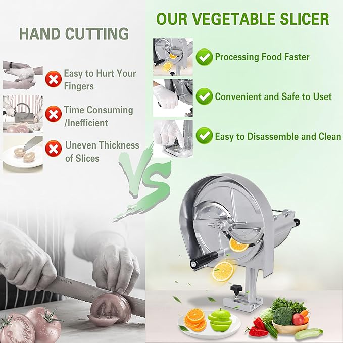Hakka Commercial Vegetable Slicer Manual Fruit Slicer Potato Tomato Slicing Machine Onion Slicers Stainless Steel Vegetable Cutter for Potato Lemon Tomato Onion, 0.2-10mm Thickness Adjustable