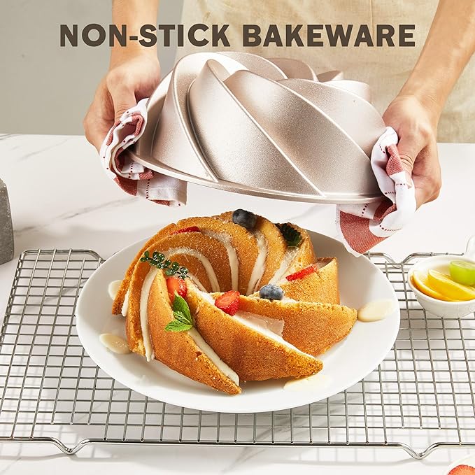 KITESSENSU Non-Stick Cake Pan, 9.5-Inch Aluminum Cake Mold, 10 Cup Fluted Heavy Duty Tube Pan, Durable Rust & Scratch-Resistant, Baking Mold for Jello, Gelatin, Chocoflan, Flan, Marissa, Gold