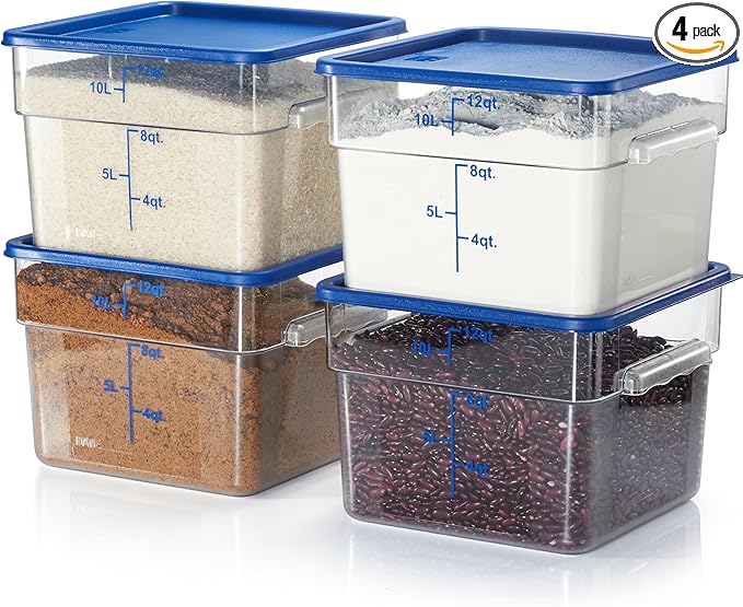 CURTA 4 Pack Food Storage Containers with Blue Lids - NSF Listed Commercial Grade in 12.0 Qt - Square, Clear, Polycarbonate