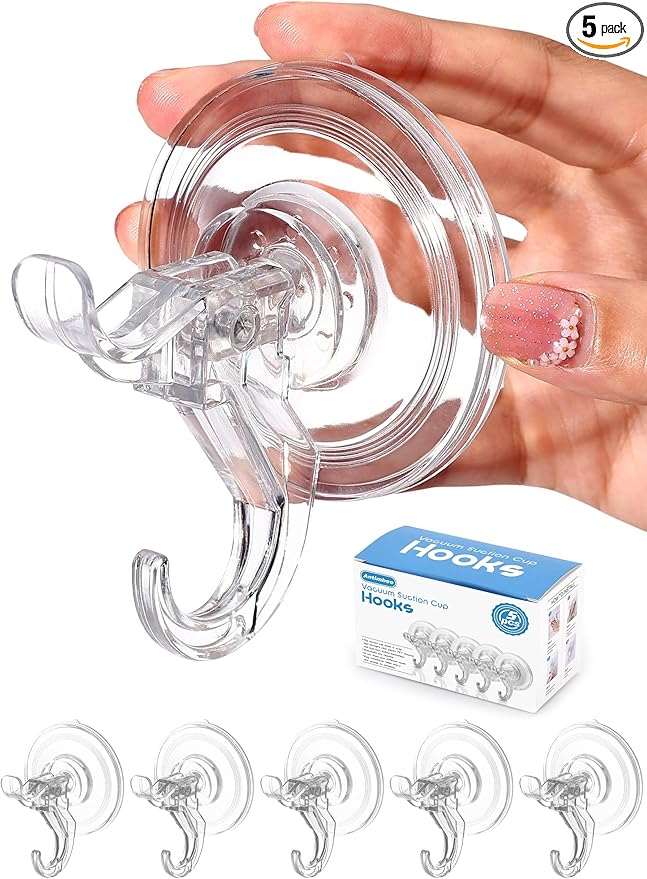 Antimbee Transparent Heavy Duty Suction Hooks, 5 Pack, Holds up to 11 lbs, Modern & Simple Design, Reusable & Removable, Ideal for Bathroom, Kitchen, Glass, Metal, Plastic Surfaces