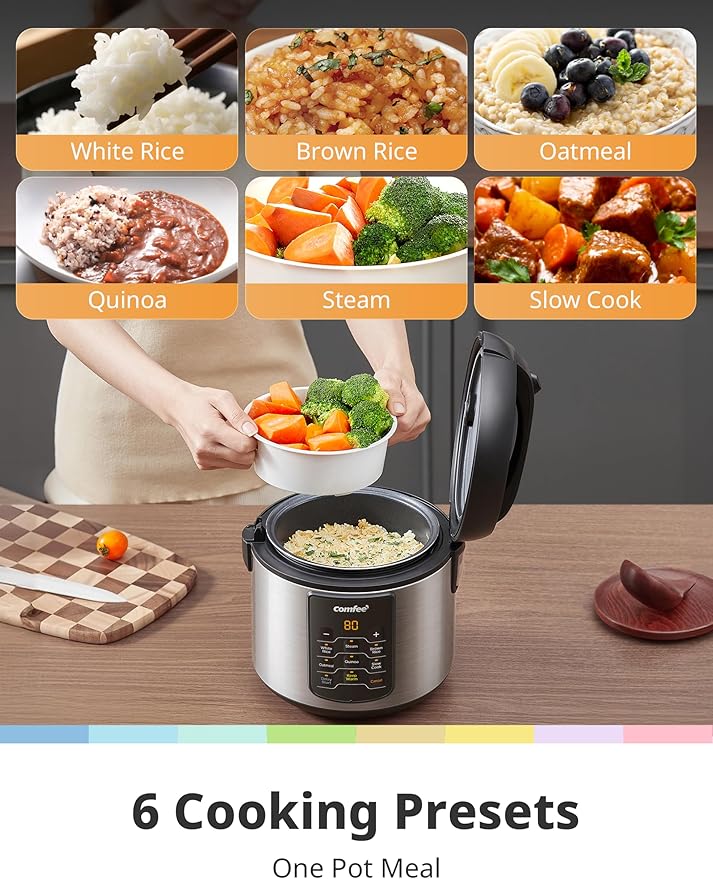 COMFEE' Compact Rice Cooker, 6-in-1 Stainless Steel Multi Cooker, Slow Cooker, Steamer, Saute, and Warmer, 2 QT, 8 Cups Cooked(4 Cups Uncooked), Brown Rice, Quinoa and Oatmeal, 6 One-Touch Programs