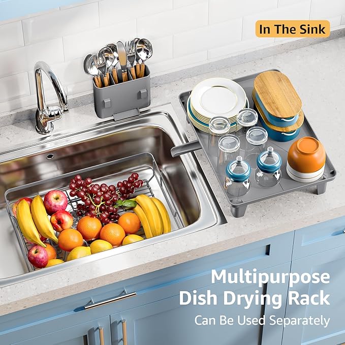 Dish Drying Rack for Kitchen Counter, Space-Saving Dish Rack, Multifunctional Dish Drainer Rack, Sink Kitchen Dishes Strainer, Dryer Rack with Drain Board, and Cutlery Holder,Small Size Gray