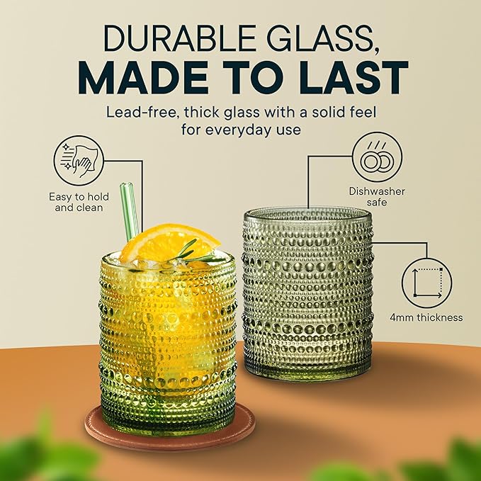 12 OZ Hobnail Drinking Set of 12 – Vintage Embossed Glassware, Textured Tumblers for Water, Beer, Cocktails, Mocktails, Whiskey & More – Includes Straws and Coasters – Green