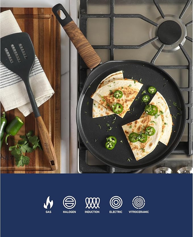 Oster Platinum Oxburg 11 Inch Frying Pan/Comal/Flat Pancake Pan Forged Aluminum PFA Free Non-toxic Premium Ceramic Non Stick Interior Skillet, Kitchen Egg Pan, Omelet Pan - Black w/Wood Handles