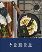 Oster Platinum Oxburg 11 Inch Frying Pan/Comal/Flat Pancake Pan Forged Aluminum PFA Free Non-toxic Premium Ceramic Non Stick Interior Skillet, Kitchen Egg Pan, Omelet Pan - Black w/Wood Handles