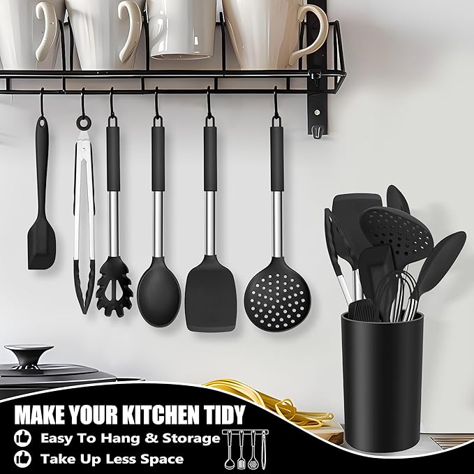 E-far 14 Pieces Silicone Cooking Utensils Set, Kitchen Utensils Set with Holder, Spatula, Ladle, Spoon, Tong, Slotted Turner for Nonstick Cookware, Heat Resistant & Stainless Steel Handle, Black