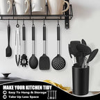 E-far 14 Pieces Silicone Cooking Utensils Set, Kitchen Utensils Set with Holder, Spatula, Ladle, Spoon, Tong, Slotted Turner for Nonstick Cookware, Heat Resistant & Stainless Steel Handle, Black