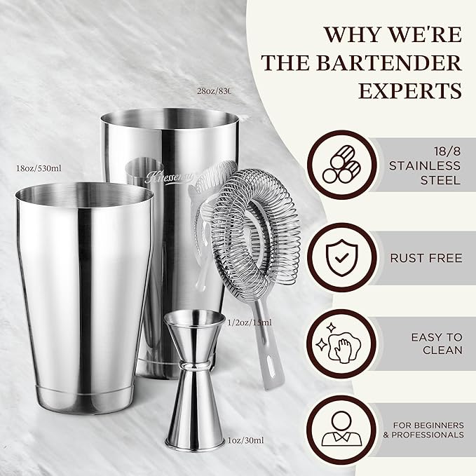 KITESSENSU Boston Cocktail Shaker Set, 8-Piece Professional Bartender Kit with Stainless Steel Martini Drink Mixer, Hawthorne Strainers, Double Jiggers, Dishwasher Safe Bar Tools for Home Bars & Gifts