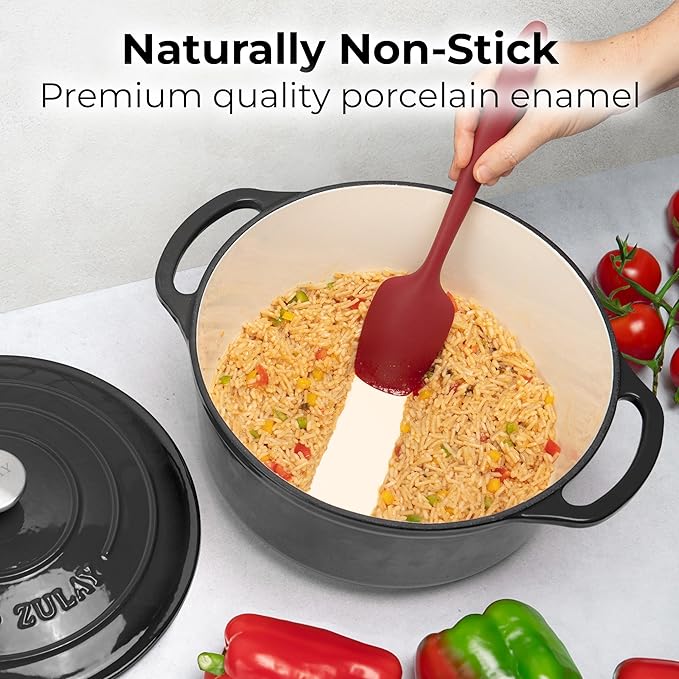 Zulay Kitchen 7.7 Quart Enameled Cast Iron Dutch Oven with Lid, Silicone Trivet & Heat Pad – Premium Durability & Oven Safe up to 500°F – Heavy Duty Cookware Perfect for Bread Baking, Stews, Braising & Roasting – Black
