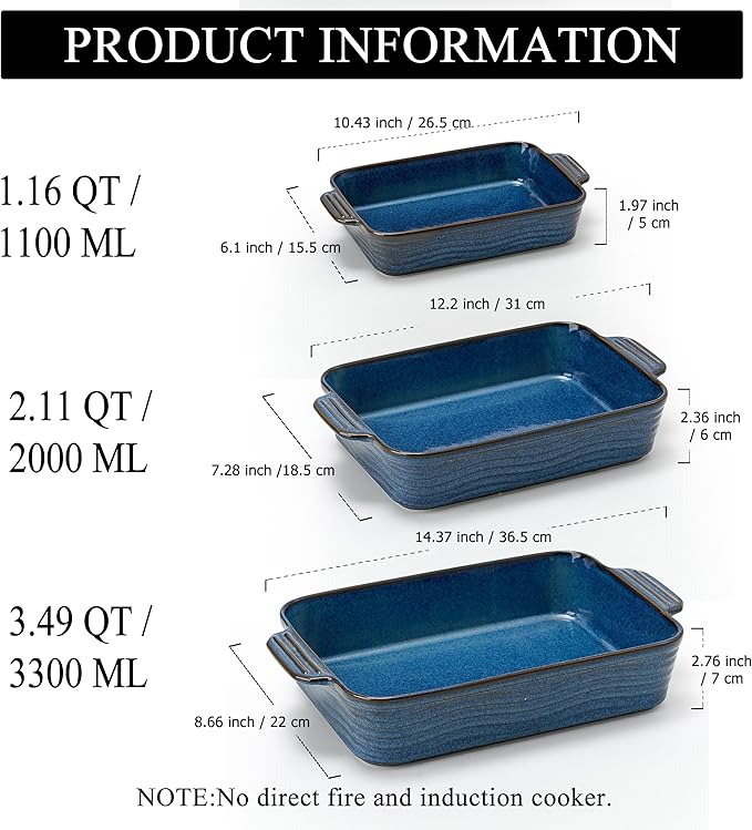 Kiln-Transformed Blue Ceramic Baking Dish Set of 3, Casserole Dishes for Oven, Square Porcelain Bakeware Set with Handles, Lasagna Baking Pan for Cooking, Perfect for Baking and Serving, Housewarming, Halloween, Thanksgiving, Christmas, New Year