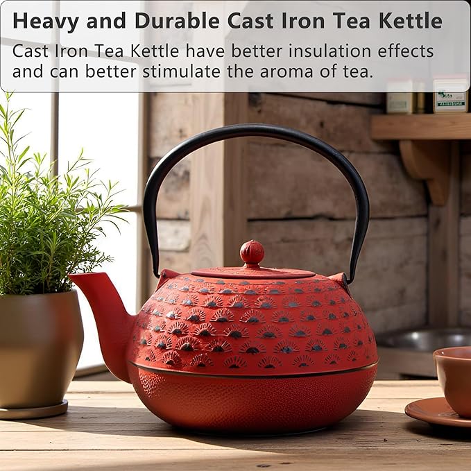 YJX 60.9 fl oz Cast Iron Teapot, Large Tea Kettle for Stove Top, Red Tea Pot with Stainless Steel Infuser for Loose Tea, 1.8L Japanese Enameled Metal Teapot