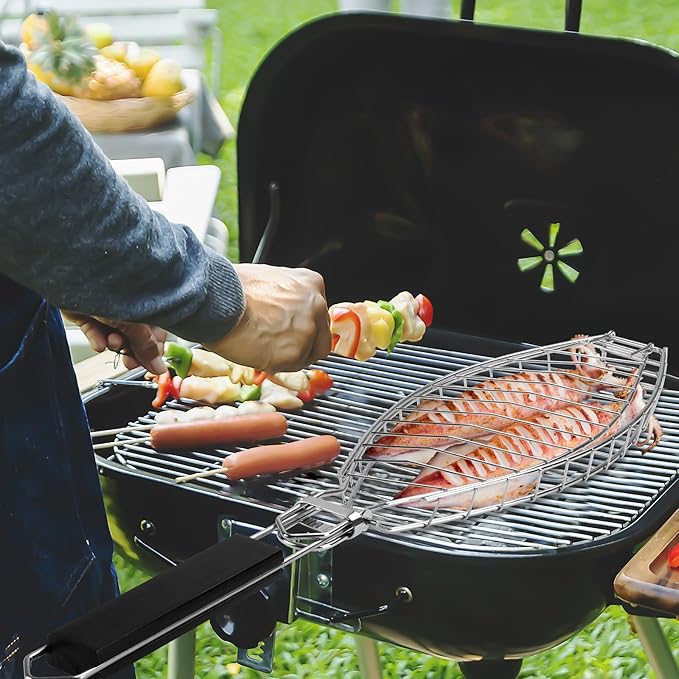 Fish Grill Basket, Large Fish Grilling Rack for Grill Fish Vegetables Shrimp, Folding Stainless Steel Grill Basket with Removable Wooden Handle & Basting Brush