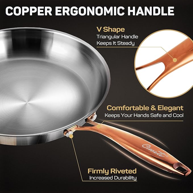 12 Inch Tri-Ply Stainless Steel Frying Pan with Brass Cool Handle, Professional Quality Skillet Suitable for All Stove, Oven and Dishwasher Safe, PFOA PTFE PFOS Free, Fast and Even Heating