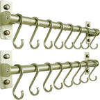 Dseap Kitchen Utensil Holder Hanger, Pot and Pan Rack Wall Mounted, Kitchen Rail with 8 Hooks for Hanging Cooking Utensils, Mugs, Spoons, Wall Mounted, Champagne Color, Pack of 2