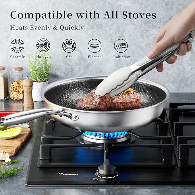 Innerwell Tri-Ply Stainless Steel Frying Pan Set with Lid,9.5Inch 11Inch Nonstick Honeycomb Stainless Steel Cooking Pan Set of 2 Skillet Works Pan for Cooking with Induction Gas Stovetops