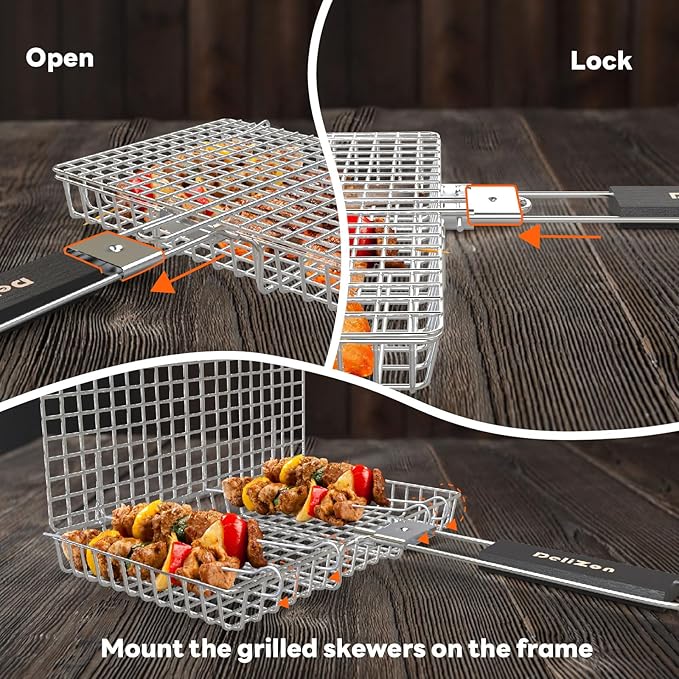 Grill Baskets Fish Grilling Rack for Outdoor Grill with Removable Handle, Come with Basting Brush Food Tongs & 5x BBQ Skewers