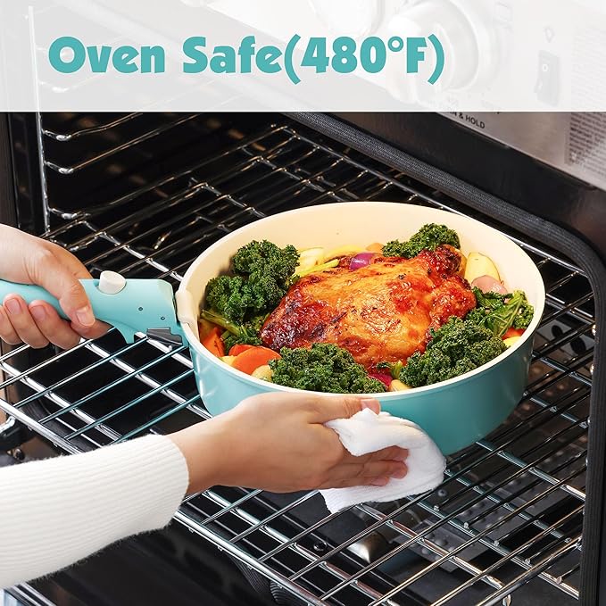 SENSARTE 17 Piece Ceramic Pots and Pans Set, Nonstick Detachable Handle Cookware, Induction Kitchen Cookware Set with Removable Handle, Dishwasher ＆ Oven Safe (Turquoise)