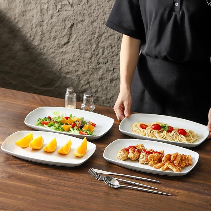 fMBB White Rectangular Plate Set, Ceramic Large Serving Platters, 12 Inch Dessert Trays for Party, Entertaining, Food, Appetizers, Dishwasher and Oven Safe Salad Dishes Set of 4