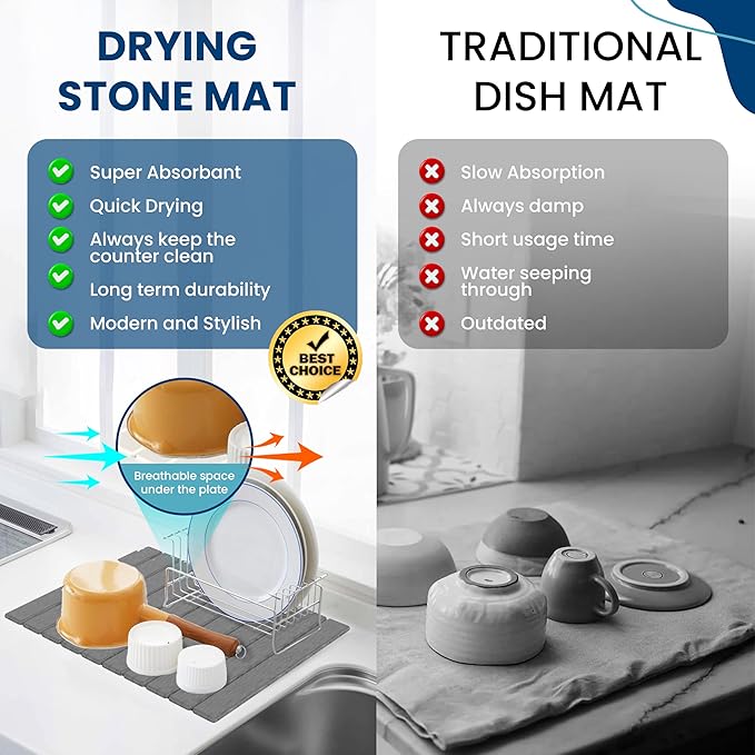 Stone Drying Mat for Kitchen Counter W/ Tote Bag, Large Stone Dish Drying Mat Foldable, Absorbent Diatomaceous Quick Dry Stone Mat Kitchen Dishes Bottles Cups Bathroom Any Countertop 23" x 15.3"