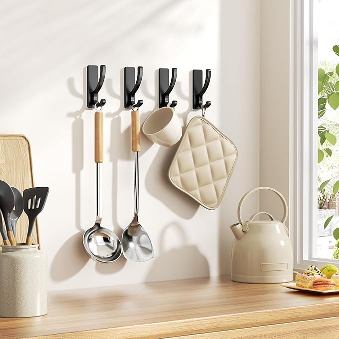 Adhesive Wall Hooks for Towels Coats - Stick On Hooks Hanging Heavy Duty (13lb), Metal Hook for Door, Bathroom, Dorm, Closet - Hanger for Purse, Bag, Robe,Backpack - No Damage to Wall - Black 6 Pack