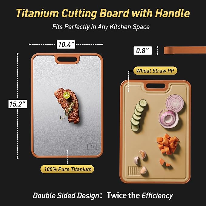 2 in 1 Pure Titanium Cutting Boards for Kitchen with Handle Meat Chopping Board Juice Groove Butcher Block Not Stainless Steel Wood Bamboo Extra Large Big Small Best Kitchen Counter Organic Vegetable