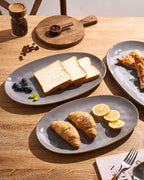 famiware Serving Platter, Oval 15.59/14.3/12.9 inch Serving Dishes for Entertaining, Serving Bowls, Microwave Safe, Fine Stonware Serving Trays for Party, Turkey, Cheese, Ocean Series, Dark Grey