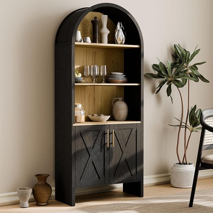Arch Storage Cabinet with Beech-Wooden Door, 60” Cute Arched Display Cabinet, 4 Tier Farmhouse Buffet Cabinets with Storage for Dining Room, Living Room, Home Office or Kitchen (Black)