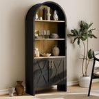 Arch Storage Cabinet with Beech-Wooden Door, 60” Cute Arched Display Cabinet, 4 Tier Farmhouse Buffet Cabinets with Storage for Dining Room, Living Room, Home Office or Kitchen (Black)