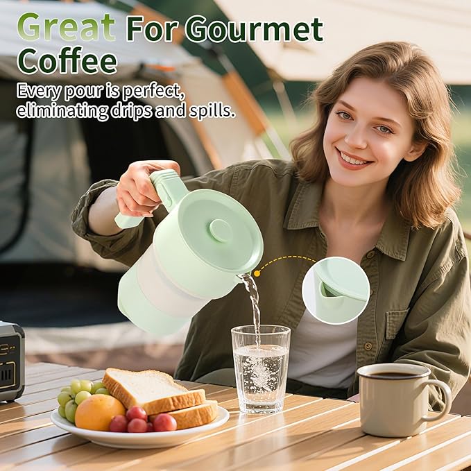 Collapsible Electric Kettle-600ML Foldable Travel Water Boiler, 600W Portable Hot Water Kettle with 4-Temp Presets, Food Grade Silicone for Hotel, Office, Camping (Green, 600mL)