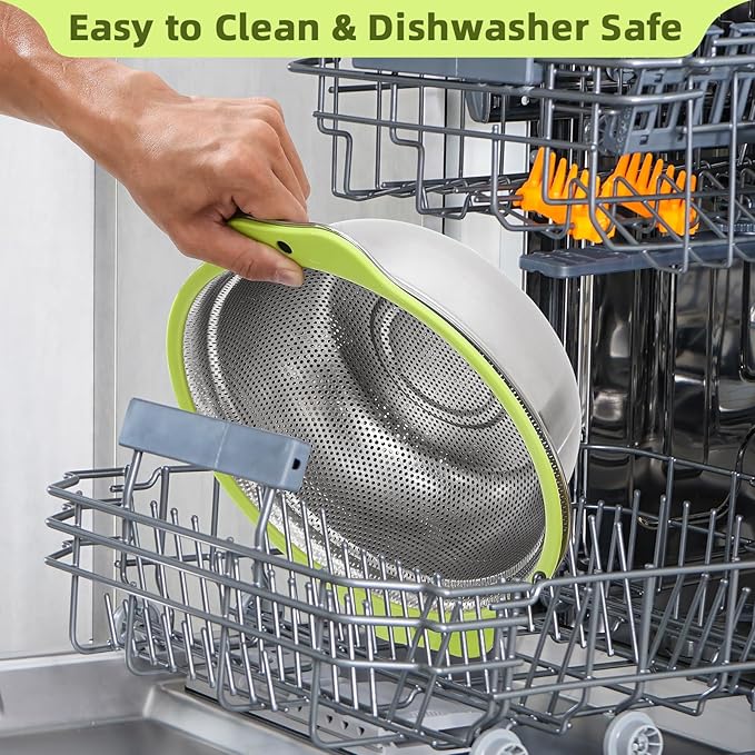 Colander Stainless Steel Microporous, 4QT Large Capacity Rice Strainer with Mixing Bowl, Rice Washing Bowl Set with Handle, Food-Grade Strainers and Colanders for Kitchen, Dishwasher Safe