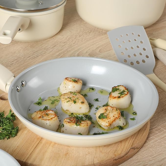 Gibson Home Barnsdall 10 Piece Premium PFA Free Ceramic Nonstick Pots and Pans Aluminum Induction Cookware Set W/Kitchen Tools - Linen White/Grey Non Stick