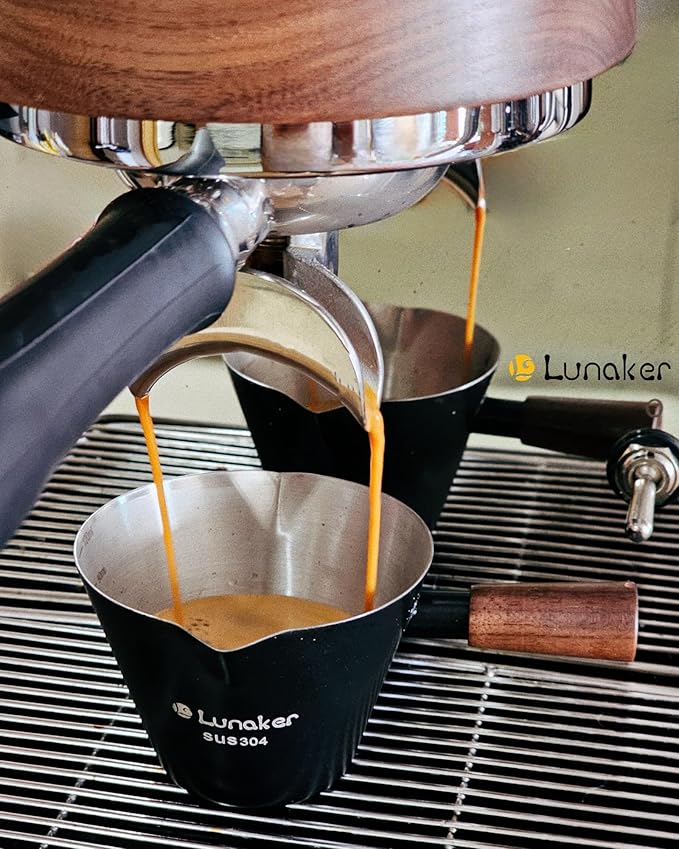 Stainless Steel Espresso Cup - Espresso Shot Cup with Wooden Handle -Measuring Cup with Double Spouts - 4.1OZ/120ML, Bright Silver