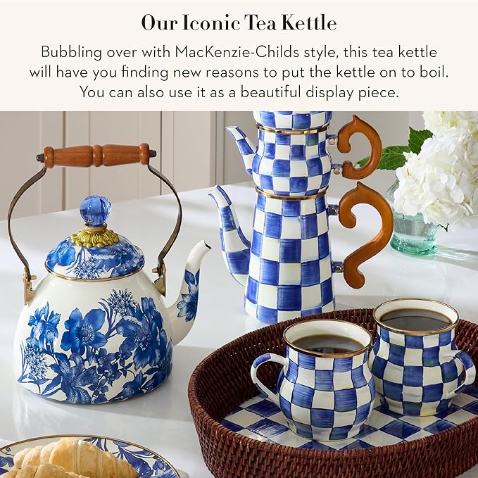 MACKENZIE-CHILDS 2-Quart Enamel Tea Kettle, Cute Tea Kettle for Stovetop, Royal English Garden
