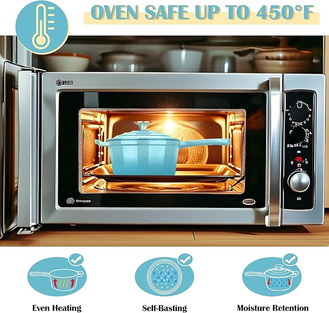E-far Enameled Cast Iron Sauce Pan, 2 Quart Dutch Oven Saucepan with Lid, Small Sauce Pot for Cooking, Boiling, Healthy & Non Toxic, Induction & Oven Safe, Light Blue