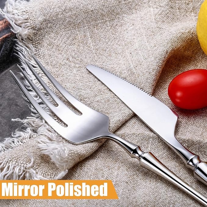 Lemeya 24-Piece Silverware Set for 6,Modern 18/10 Stainless Steel Flatware Set,Unique Rustic Cutlery Utensils Set,Spoon and Fork Set for Home, Restaurant,Wedding,Mirror Polished,Dishwasher Safe