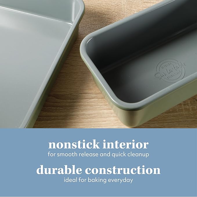 Sur La Table Kitchen Essential Carbon Steel Baking Pans Bakeware Set W/Premium PFOA, PFAS, PTFE Free Grey Non stick - Juniper Green Exterior